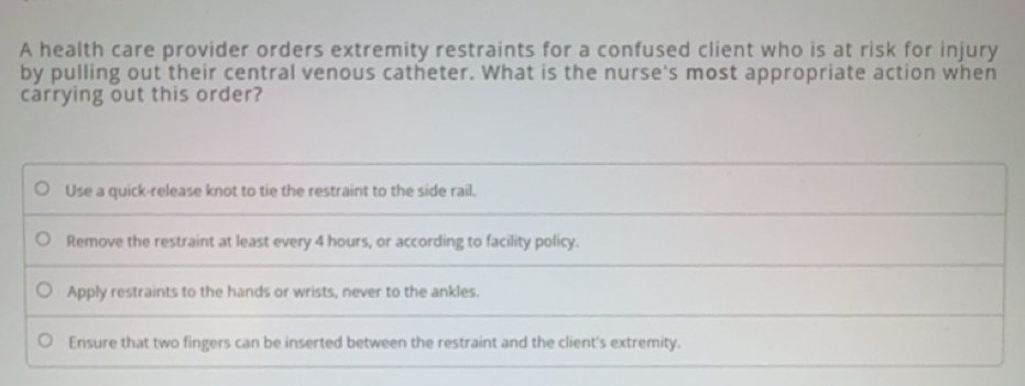 Solved: A health care provider orders extremity restraints for a ...