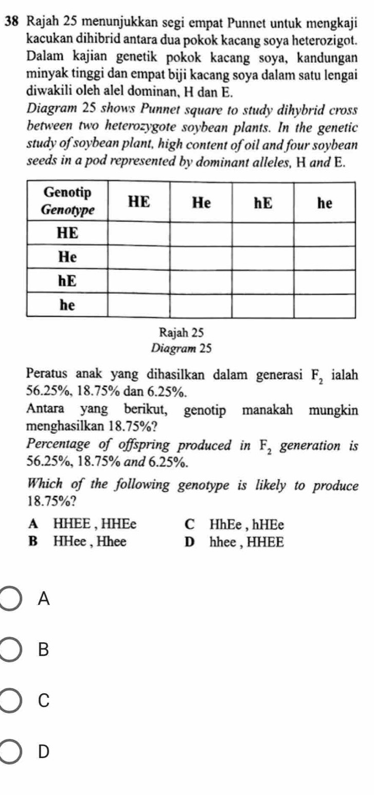 Rajah 25 menunjukkan segi empat Punnet untuk mengkaji
kacukan dihibrid antara dua pokok kacang soya heterozigot.
Dalam kajian genetik pokok kacang soya, kandungan
minyak tinggi dan empat biji kacang soya dalam satu lengai
diwakili oleh alel dominan, H dan E.
Diagram 25 shows Punnet square to study dihybrid cross
between two heterozygote soybean plants. In the genetic
study of soybean plant, high content of oil and four soybean
seeds in a pod represented by dominant alleles, H and E.
Rajah 25
Diagram 25
Peratus anak yang dihasilkan dalam generasi F_2 ialah
56.25%, 18.75% dan 6.25%.
Antara yang berikut, genotip manakah mungkin
menghasilkan 18.75%?
Percentage of offspring produced in F_2 generation is
56.25%, 18.75% and 6.25%.
Which of the following genotype is likely to produce
18.75%?
A HHEE , HHEe C HhEe , hHEe
B HHee , Hhee D hhee , HHEE
A
B
C
D