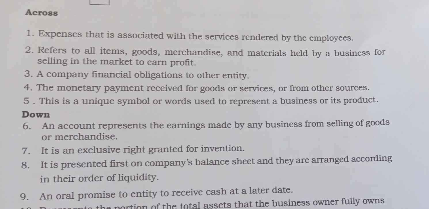 Across 
1. Expenses that is associated with the services rendered by the employees. 
2. Refers to all items, goods, merchandise, and materials held by a business for 
selling in the market to earn profit. 
3. A company financial obligations to other entity. 
4. The monetary payment received for goods or services, or from other sources. 
5 . This is a unique symbol or words used to represent a business or its product. 
Down 
6. An account represents the earnings made by any business from selling of goods 
or merchandise. 
7. It is an exclusive right granted for invention. 
8. It is presented first on company’s balance sheet and they are arranged according 
in their order of liquidity. 
9. An oral promise to entity to receive cash at a later date. 
the portion of the total assets that the business owner fully owns .