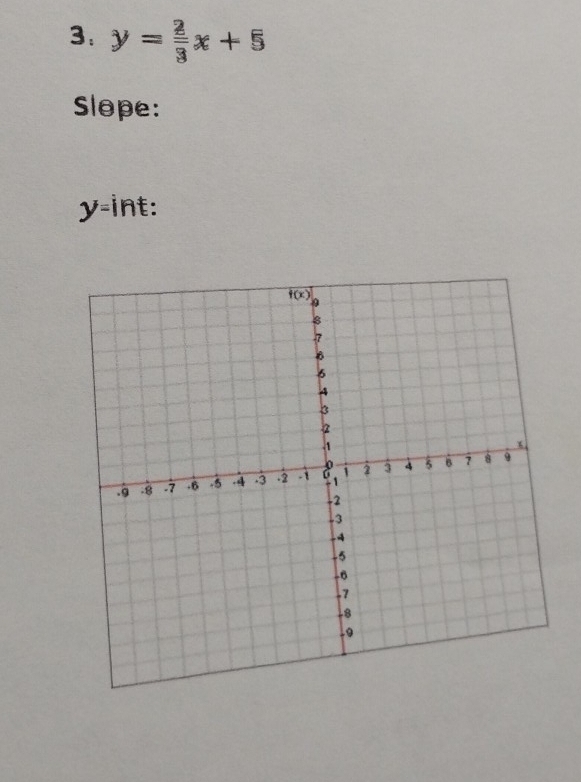 y= 2/3 x+5
Slope:
y=int: