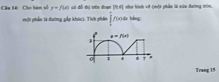 Cho hàm số y=f(x) có đồ thị trên đoạn [0,6] như hình vẽ (một phần là nứa đường tròn,
một phần là đường gắp khúc). Tích phần ∈tlimits _0^ef(x)dxbln x
Trang 15