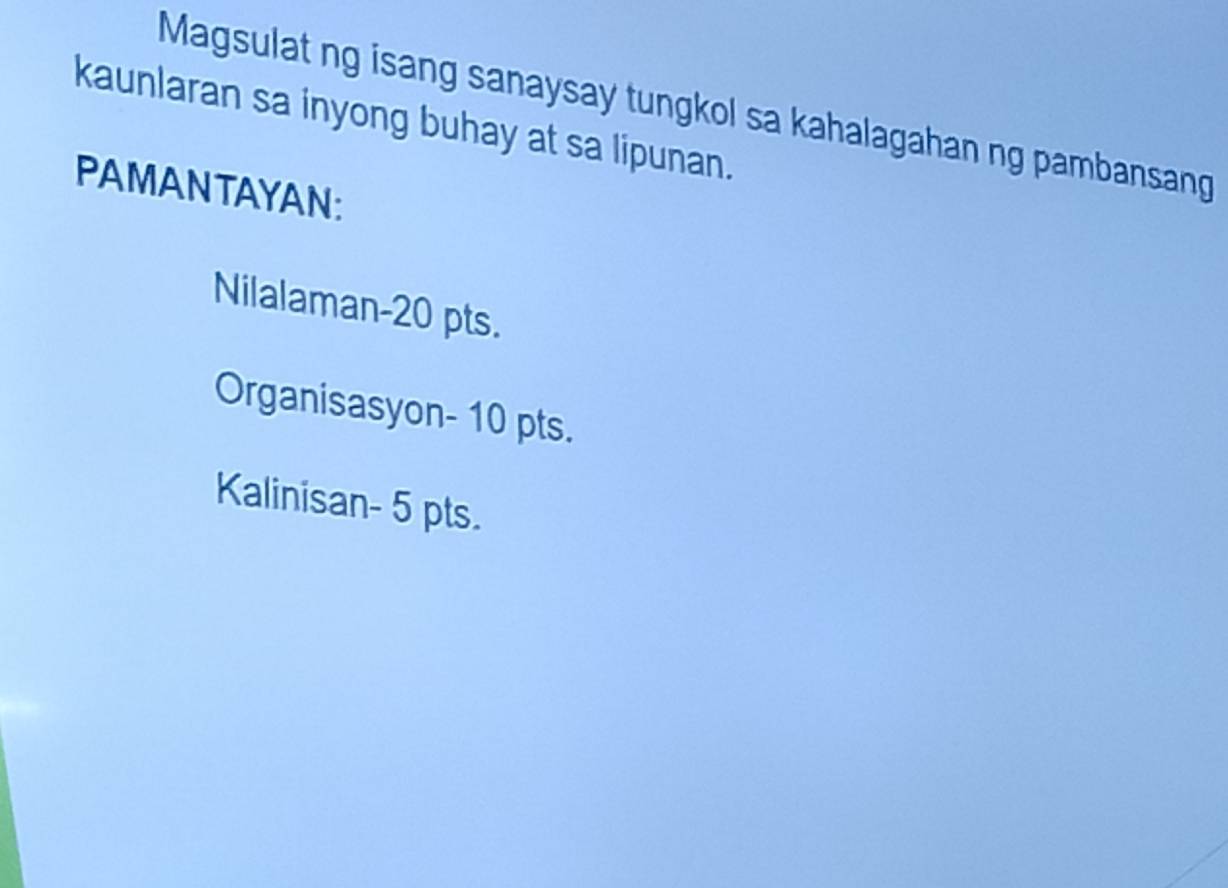 Magsulat ng isang sanaysay tungkol sa kahalagahan ng pambansang 
kaunlaran sa inyong buhay at sa lipunan. 
PAMANTAYAN: 
Nilalaman-20 pts. 
Organisasyon- 10 pts. 
Kalinisan- 5 pts.