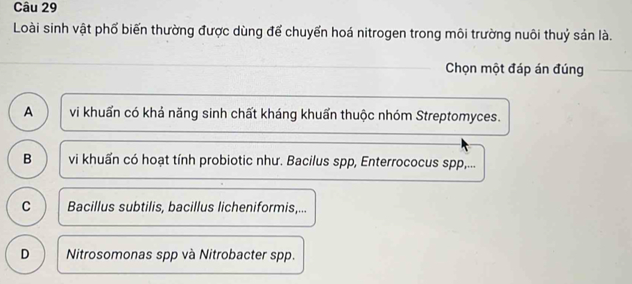 Loài sinh vật phố biến thường được dùng để chuyển hoá nitrogen trong môi trường nuôi thuỷ sản là.
Chọn một đáp án đúng
A vi khuẩn có khả năng sinh chất kháng khuẩn thuộc nhóm Streptomyces.
B vi khuẩn có hoạt tính probiotic như. Bacilus spp, Enterrococus spp,...
C Bacillus subtilis, bacillus licheniformis,...
D Nitrosomonas spp và Nitrobacter spp.