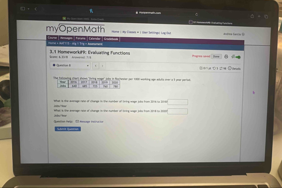 θ myopenmath.com 
* My Open Math HW9 - Extra Credit | 3.1 Homework#9: Evaluating Functions 
myOpenMath Home | My Classes # |User Settings| Log Out Andrea Garcia 
Course Messages Forums Calendar Gradebook 
Home > MAT115 - Alg 1 Trig > Assessment 
3.1 Homework#9: Evaluating Functions Progress saved Done sqrt(0) 
Score: 6.33/8 Answered: 7/8 
Question 8 < > □ 0/1 pt つ 5 98 Details 
The following chart shows "living wa 20° jobs in Rochester per 1000 working age adults over a 5 year period. 
What is the average rate of change in the number of living wage jobs from 2016 to 2018? 
Jobs/Year 
What is the average rate of change in the number of living wage jobs from 2018 to 2020? 
Jobs/Year 
Question Help: - Message instructor 
Submit Question