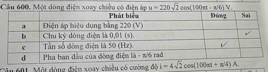 Một dòng điện xoay chiều có điện áp u=220sqrt(2)cos (100π t-π /6)V. 
Câu 601. Một dòng điện xoay chiều có cường độ i=4sqrt(2)cos (100π t+π /4)A.