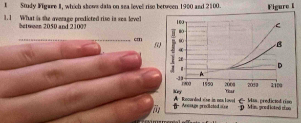 Study Figure I, which shows data on sea level rise between 1900 and 2100. Figure 1
1.1 What is the average predicted rise in sea level 100
between 2050 and 2100?
C
80
[1] 60
B
cm - 40
20
0
D
-20
1900 1950 2000 2050 2100
Key Year
A Recorded rise in sea level Max, predicted rise
Average prodicted rise Min. predicted rise