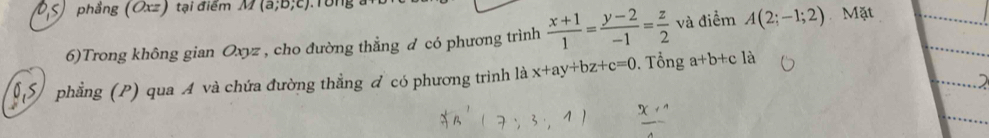 < phẳng Oxz) tại điểm M(a;b;c)
6)Trong không gian Oxyz , cho đường thẳng d có phương trình  (x+1)/1 = (y-2)/-1 = z/2  và điểm A(2;-1;2) Mặt 
0S) phẳng (P) qua A và chứa đường thẳng đ có phương trình là x+ay+bz+c=0. Tổng a+b+cla