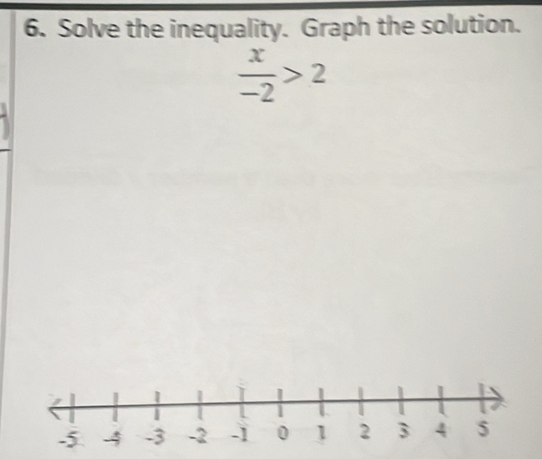 Solve the inequality. Graph the solution.
 x/-2 >2