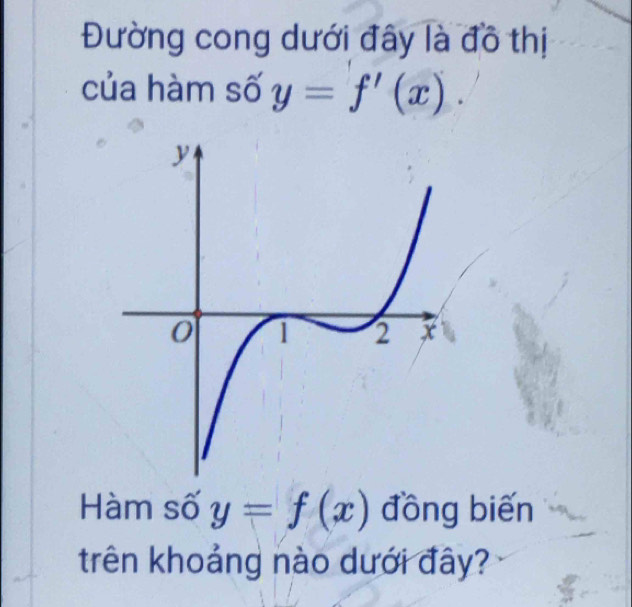 Đường cong dưới đây là đồ thị
của hàm số y=f'(x). 
Hàm số y=f(x) đồng biến
trên khoảng nào dưới đây?