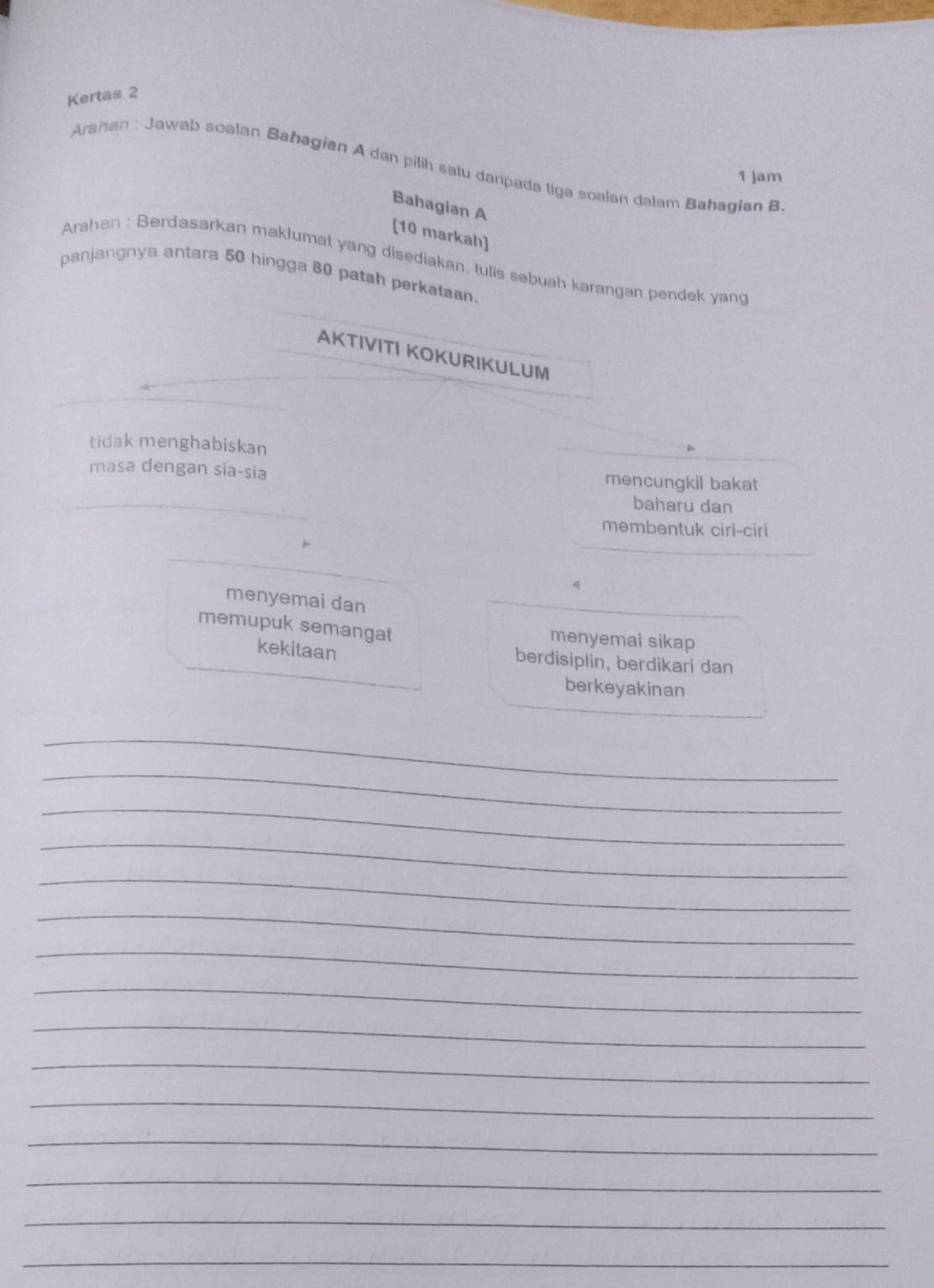 Kertas 2 
Arahan : Jawab soalan Bahagian A dan pilih satu darpada tiga soalan dalam Bahagian B 
1 Jam 
Bahagian A 
[10 markah] 
Arahan : Berdasarkan maklumat yang disediakan, tulis sebuah karangan pendek yang 
panjangnya antara 50 hingga 80 patah perkataan. 
AKTIVITI KOKURIKULUM 
tidak menghabiskan 
masa dengan sia-sia mencungkil bakat 
_ 
baharu dan 
membentuk ciri-ciri 
menyemai dan 
memupuk semangat menyemai sikap 
kekitaan berdisiplin, berdikari dan 
berkeyakinan 
_ 
_ 
_ 
_ 
_ 
_ 
_ 
_ 
_ 
_ 
_ 
_ 
_ 
_ 
_