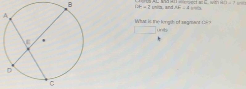 B
Chords AC and BD intersect at E, with BD=7 units
DE=2 Ur ifoverleftrightarrow LS , and AE=4 units. 
What is the length of segment CE? 
□ units