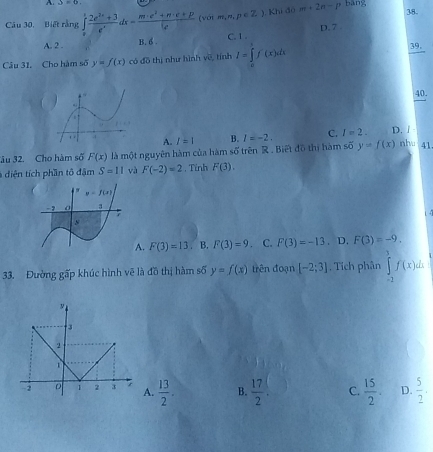 S=0
38.
Câu 30. Biết rằng ∈t _0e (2e^(2x)+3)/e^x dx=frac m· e^(2+)+e^x++pe (với m,n,p∈ Z) , Khi đó m+2n-p bang
A. 2 .
B. 6 . C. 1 . D. 7 .
Câu 31, Cho hàm số y=f(x) có đồ thị như hình yẽ, tính I=∈tlimits _0^((∈fty)f(x)dx 39.
40
A. I=1 B. l=-2. C. I=2. D.  / 
âu 32. Cho hàm số F(x) là một nguyên hàm của hàm số trên R . Biết đồ thị hàm số y=f(x) nhu 41
6  diện tích phần tô đậm S=11 và F(-2)=2 , Tính F(3).
A. F(3)=13. B. F(3)=9 C. F(3)=-13 , D. F(3)=-9.
33. Đường gấp khúc hình vẽ là đồ thị hàm số y=f(x) trên đoạn [-2;3]. Tích phân ∈tlimits _(-2)^3f(x)dx
3
2
2 D 1 2 x A. frac 13)2. B.  17/2 . C.  15/2 . D.  5/2 .