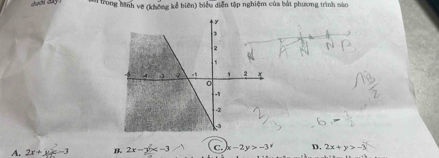 dưới đay? vn trong hình vẽ (không kể biên) biểu diễn tập nghiệm của bất phương trình nào
A. 2x+y≤slant -3 B. 2x-y C. x-2y>-3 D. 2x+y>-3