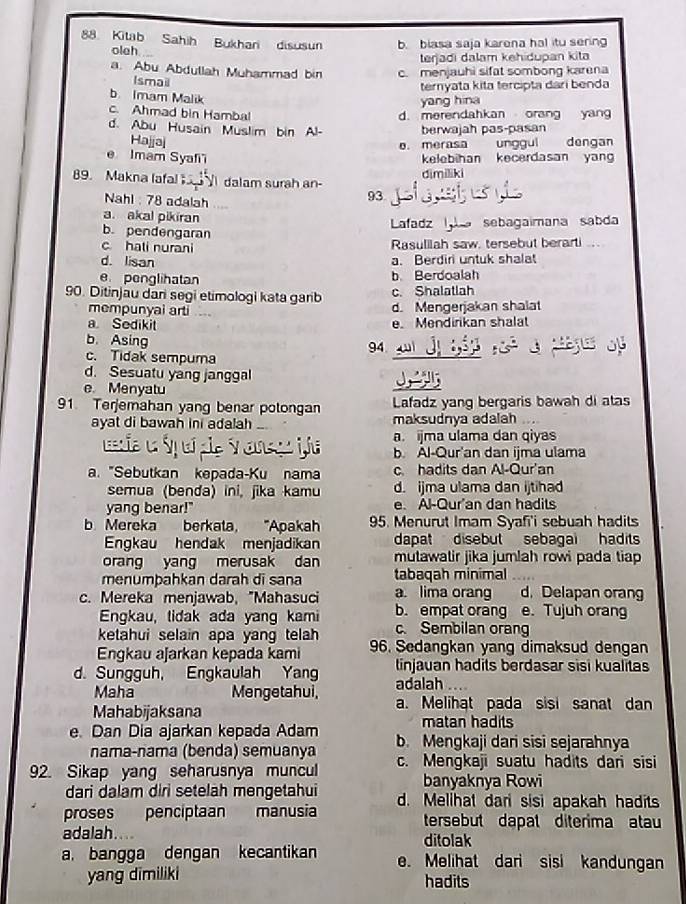 Kitab Sahih Bukhari disusun b. blasa saja karena hal itu sering
oleh
terjadi dalam kehidupan kita
a. Abu Abdullah Muhammad bin c. menjauhi sifat sombong karena
Ismail
ternyata kita tercipta dari benda
b Imam Malik
yang hina
c. Ahmad bin Hambal d. merendahkan orang yan
d. Abu Husain Muslim bin Al berwajah pas-pasan
Hajjaj dengan
o. merasa unggul
e Imam Syafi kelebihan kecerdasan yang
89. Makna lafal  dalam surah an- dimiliki
Nahl : 78 adalah . .
93
a. akal pikiran
Lafadz ba sebagaimana sabda
b. pendengaran
c hati nurani
Rasulilah saw. tersebut berarti ..
d. lisan a. Berdiri untuk shalat
e penglihatan b Berdoalah
90. Ditinjau dan segi etimologi kata garb c. Shalatlah
mempunyai arti d. Mengerjakan shalat
a Sedikit e. Mendirikan shalat
b. Asing
c. Tidak sempuma 94 i
d. Sesuatu yang janggal
e Menyatu
91. Terjemahan yang benar potongan Lafadz yang bergaris bawah di atas
ayat di bawah ini adalah maksudnya adalah    
a. ijma ulama dan qiyas
b. Al-Qur'an dan ijma ulama
a. "Sebutkan kepada-Ku nama c. hadits dan Al-Qur'an
semua (benda) ini, jika kamu d. ijma ulama dan ijtihad
yang benar!" e. A-Qur'an dan hadits
b. Mereka berkata, "Apakah 95. Menurut Imam Syafi'i sebuah hadits
Engkau hendak menjadikan dapat disebut sebagai hadits
orang yang merusak dan mutawatir jika jumlah rowi pada tiap
menumþahkan darah di sana tabaqah minimal
c. Mereka menjawab, "Mahasuci a. lima orang d. Delapan oran
Engkau, lidak ada yang kami b. empat orang e. Tujuh orang
ketahui selain apa yang telah c. Sembilan orang
Engkau aʃarkan kepada kami 96. Sedangkan yang dimaksud dengan
tinjauan hadits berdasar sisi kualitas
d. Sungguh, Engkaulah Yang adalah .
Maha Mengetahui,
Mahabijaksana a. Melihat pada sisi sanat dan
matan hadits
e. Dan Dia ajarkan kepada Adam b. Mengkaji dari sisi sejarahnya
nama-nama (benda) semuanya
92. Sikap yang seharusnya muncul c. Mengkaji suatu hadits dari sisi
dari dalam diri setelah mengetahui banyaknya Rowi
proses penciptaan manusia d. Melihat dari sisi apakah hadits
tersebut dapat diterima atau
adalah. ditolak
a. bangga dengan kecantikan e. Melihat dari sisi kandungan
yang dimiliki hadits