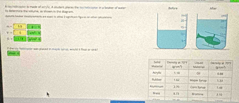 A toy helicopter is made of acrylic. A student places the toy helicopter in a beaker of water
to determine the volume, as shown in the diagram.
Assume beaker measurements are exact to allow 3 significant figures on other calculations.
m^x 5.9 8
V= s ∠ m^2∠ 4
D= 1. 18 8surd cm^3
If the toy helicopter was placed in maple syrup, would it float or sink?
Hoat 6
A   r