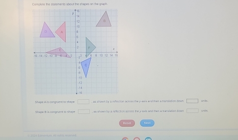 Complete the statements about the shapes on the graph
Shape A is congruent to shape □ , as shownlly a refection across the y-axis and then a hanslation down □ unts.
Shape B is congruent to shape □ , aa asows by a reflecsion across the j-sals and thes a manslation down □ u nibs.
Reset Noxt
O 20M E dmentun. Allnohes reserved