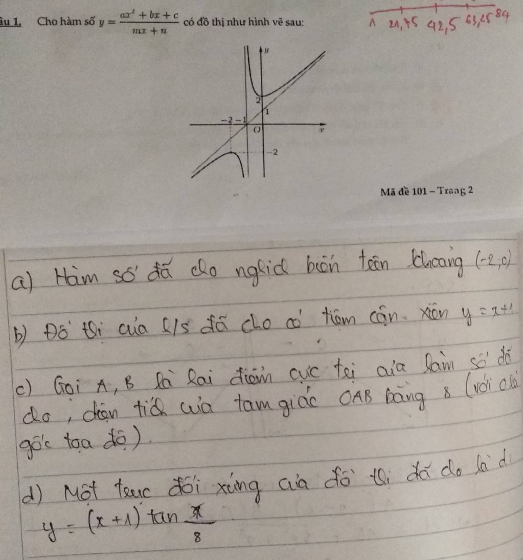 âu 1, Cho hàm số y= (ax^2+bx+c)/mx+n  có đồ thị như hình vẽ sau: 
Mã đề 101 - Trang 2