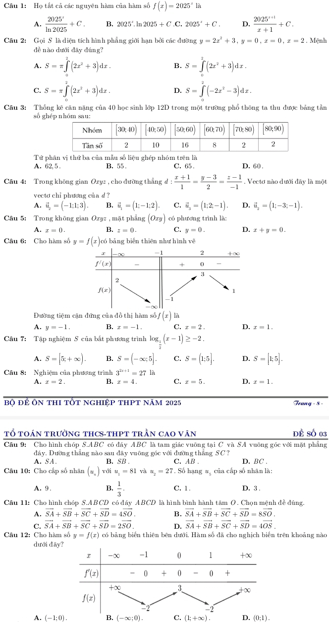 Họ tắt cả các nguyên hàm của hàm số f(x)=2025^x1a
A.  2025^x/ln 2025 +C. B. 2025^x.ln 2025+C.C.2025^x+C. D.  (2025^(x+1))/x+1 +C.
Câu 2: Gọi S là diện tích hình phẳng giới hạn bởi các đường y=2x^2+3,y=0,x=0,x=2. Mệnh
đề nào dưới đây đúng?
A. S=π ∈tlimits _0^(2(2x^2)+3)dx. S=∈tlimits _0^(2(2x^2)+3)dx.
B.
C. S=π ∈tlimits _0^(2(2x^2)+3)dx. S=∈tlimits _0^(2(-2x^2)-3)dx.
D.
Câu 3: Thống kê cân nặng của 40 học sinh lớp 12D trong một trường phổ thông ta thu được bảng tần
số ghép nhóm sau:
Tứ phân vị thứ ba của mẫu số liệu ghép nhóm trên là
A. 62,5. B. 55 . C. 65 . D. 60 .
Câu 4: Trong không gian Oxyz , cho đường thẳng d : (x+1)/1 = (y-3)/2 = (z-1)/-1 . Vectơ nào dưới đây là một
vecto chi phương của d ?
A. vector u_2=(-1;1;3). B. vector u_1=(1;-1;2). C. vector u_3=(1;2;-1). D. vector u_2=(1;-3;-1).
Câu 5: Trong không gian Oxyz, mặt phẳng (Oxy) có phương trình là:
A. x=0. B. z=0. C. y=0. D. x+y=0.
Câu 6: Cho hàm số y=f(x) có bảng biến thiên như hình vẽ
Đường tiệm cận đứng của đồ thị hàm số f(x) là
A. y=-1. B. x=-1. C. x=2. D. x=1.
Câu 7: Tập nghiệm S của bắt phương trình log _ 1/2 (x-1)≥ -2.
A. S=[5;+∈fty ). B. S=(-∈fty ;5]. C. S=(1;5]. D. S=[1;5].
Câu 8: Nghiệm của phương trình 3^(2x+1)=27la
A. x=2. B. x=4. C. x=5. D. x=1.
Bộ ĐÊ ÔN THI TỐT NGHIệP THPT NăM 2025 Trang - 8 -
TỔ TOáN TRườNG THCS-THPT TRầN CAO VâN ĐÈ Số 03
Cầu 9: Cho hình chóp S.ABC có đáy ABC là tam giác vuông tại C và SA vuông góc với mặt phẳng
đáy. Đường thẳng nào sau đây vuông góc với đường thẳng SC?
A. SA. B. SB . C. AB . D. BC .
Câu 10: Cho cấp số nhân (u_n) với u_1=81 và u_2=27. Số hạng u của cấp số nhân là:
B.  1/3 .
A. 9 . C.1. D. 3 .
Cầu 11: Cho hình chóp S.ABCD có đáy ABCD là hình bình hành tâm O. Chọn mệnh đề đúng.
A. vector SA+vector SB+vector SC+vector SD=4vector SO. B. vector SA+vector SB+vector SC+vector SD=8vector SO.
C. vector SA+vector SB+vector SC+vector SD=2vector SO. D. vector SA+vector SB+vector SC+vector SD=4vector OS.
Câu 12: Cho hàm số y=f(x) có bảng biến thiên bên dưới. Hàm số đã cho nghịch biến trên khoảng nào
dưới đây
A. (-1;0). (1;+∈fty ).