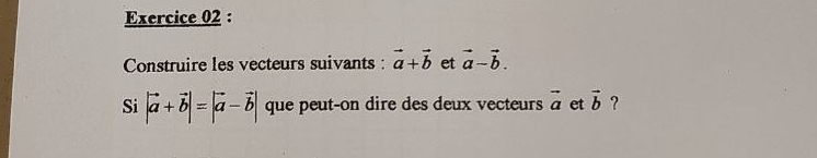 Construire les vecteurs suivants : vector a+vector b et vector a-vector b. 
Si |vector a+vector b|=|vector a-vector b| que peut-on dire des deux vecteurs vector a et vector b ?