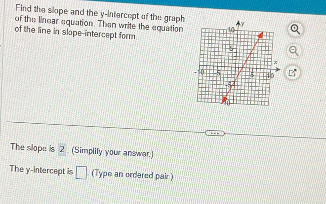 Find the slope and the y-intercept of the graph 
of the linear equation. Then write the equation 
of the line in slope-intercept form. 
The slope is 2. (Simplify your answer.) 
The y-intercept is □. (Type an ordered pair.)