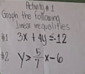 Petinty I
Graph the following
Iinear irequalities
3x+4y≤ -12
2 y> 5/7 x-6