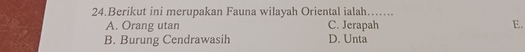 Berikut ini merupakan Fauna wilayah Oriental ialah……...
A. Orang utan C. Jerapah E.
B. Burung Cendrawasih D. Unta