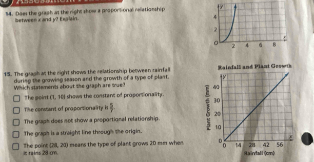 Does the graph at the right show a proportional relationship 
between x and y? Explain. 
15. The graph at the right shows the relationship between rainfall 
during the growing season and the growth of a type of plant. 
Which statements about the graph are true?
The point (1,10) shows the constant of proportionality.
The constant of proportionality is  5/7 .
The graph does not show a proportional relationship.
The graph is a straight line through the origin.
The point (28,20) means the type of plant grows 20 mm when
it rains 28 cm.