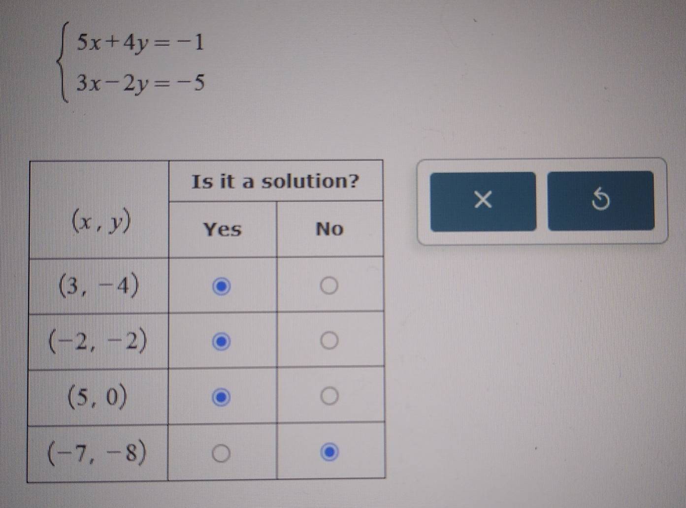 beginarrayl 5x+4y=-1 3x-2y=-5endarray.
×