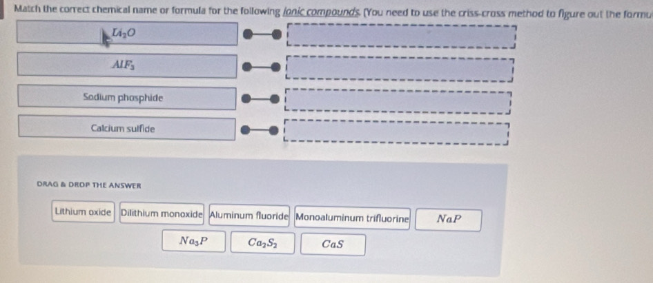 Match the correct chemical name or formula for the following jonic compounds. (You need to use the criss-cross method to figure out the formu
Li_2O
AIF_3
Sodium phosphide
Calcium sulfide
DRAG & DROP THE ANSWER
Lithium oxide Dilithium monoxide Aluminum fluoride Monoaluminum trifluorine NaP
Va_3P Ca_2S_2 CaS