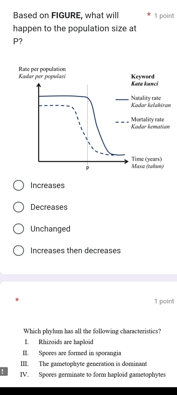 Based on FIGURE, what will 1 point
happen to the population size at
P?
Increases
Decreases
Unchanged
Increases then decreases
*
1 point
Which phylum has all the following characteristics?
I. Rhizoids are haploid
II. Spores are formed in sporangia
III. The gametophyte generation is dominant
! IV. Spores germinate to form haploid gametophytes