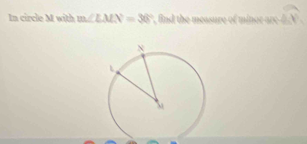 In circle M with m∠ EMN=36° , find the measure of minor arc