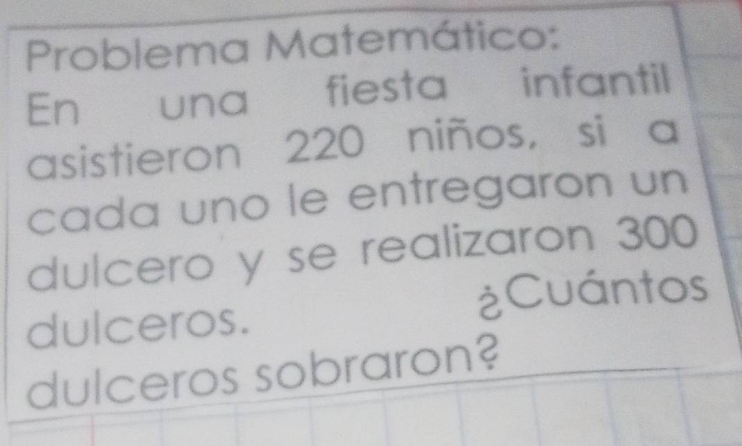 Problema Matemático: 
En una fiesta infantil 
asistieron 220 niños, si a 
cada uno le entregaron un 
dulcero y se realizaron 300
¿Cuántos 
dulceros. 
dulceros sobraron?