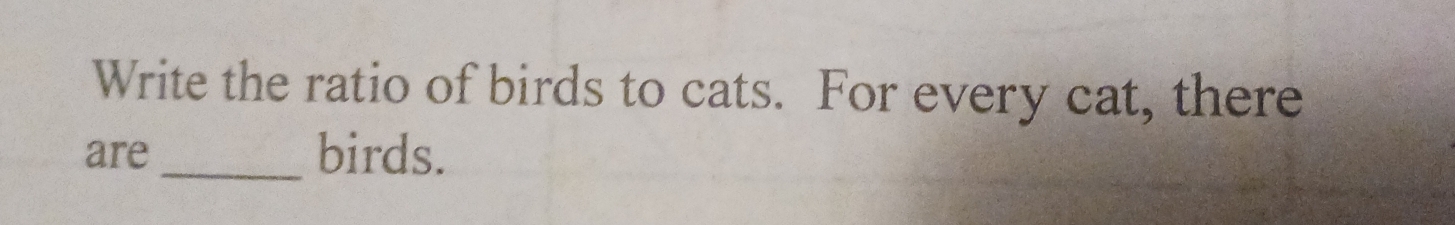 Write the ratio of birds to cats. For every cat, there 
are_ birds.