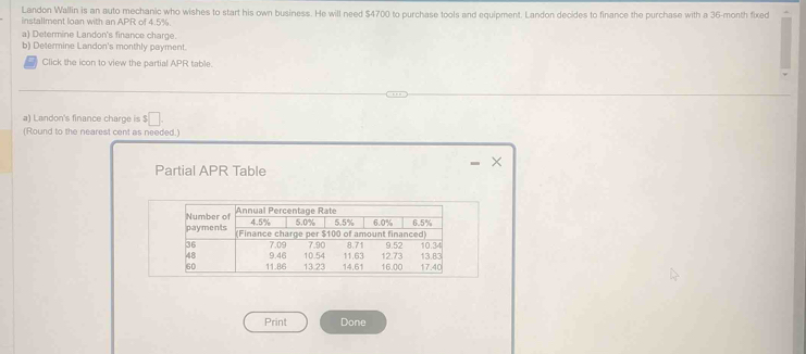 Landon Wallin is an auto mechanic who wishes to start his own business. He will need $4700 to purchase tools and equipment. Landon decides to finance the purchase with a 36-month fixed 
installment loan with an APR of 4.5%. 
a) Determine Landon's finance charge. 
b) Determine Landon's monthly payment. 
Click the icon to view the partial APR table 
a) Landon's finance charge is :□ 
(Round to the nearest cent as needed.) 
× 
Partial APR Table 
Print Done