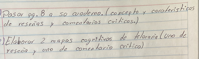 Pasar pg. B a so cooderno. (concep toy caroleristicas 
de reseras y comenfarios crificos. ) 
2) Elaborar 2 mapos cogntivas de felarana (uno de 
reseria, ono de comentario crilica)