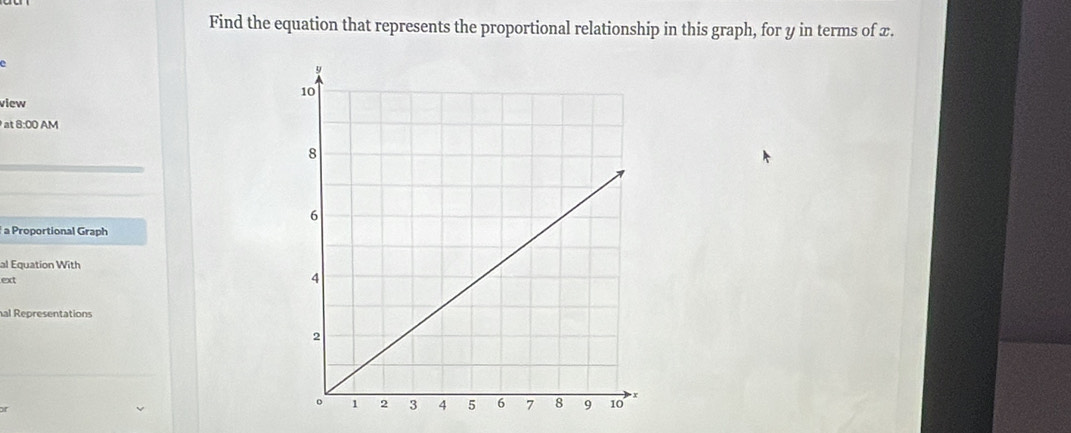 Find the equation that represents the proportional relationship in this graph, for y in terms of x. 
view 
at 8:00 AM 
a Proportional Graph 
al Equation With 
ext 
al Representations