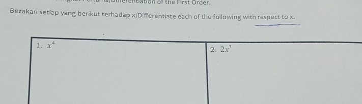 erentiation of the First Order.
Bezakan setiap yang berikut terhadap x/Differentiate each of the following with respect to x.