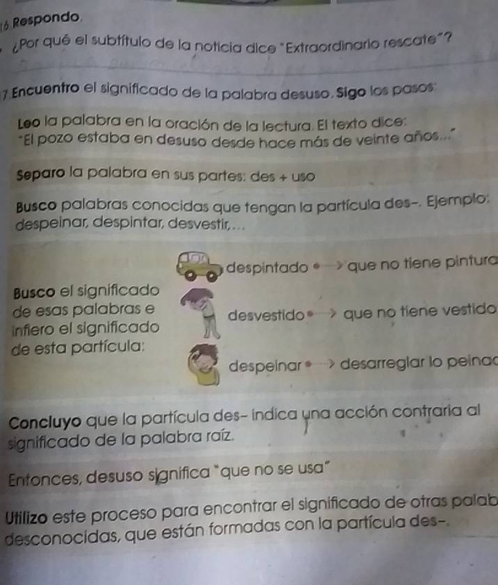 é Respondo 
¿Por qué el subtítulo de la noticia dice "Extraordinario rescate"? 
7 Encuentro el significado de la palabra desuso. Sigo los pasos 
Leo la palabra en la oración de la lectura. El texto dice: 
El pozo estaba en desuso desde hace más de veinte años..." 
Separo la palabra en sus partes: des + uso 
Busco palabras conocidas que tengan la partícula des-. Ejemplo: 
despeinar, despintar, desvestir, . . . 
despintado *→> que no tiene pintura 
Busco el significado 
de esas palabras e 
desvestido… que no tiene vestido 
infiero el significado 
de esta partícula: 
despeinar ··> desarreglar to peina 
* Concluyo que la partícula des- indica una acción contraria al 
significado de la palabra raíz. 
Entonces, desuso significa "que no se usa” 
Utilizo este proceso para encontrar el significado de otras palab 
desconocidas, que están formadas con la partícula des-.