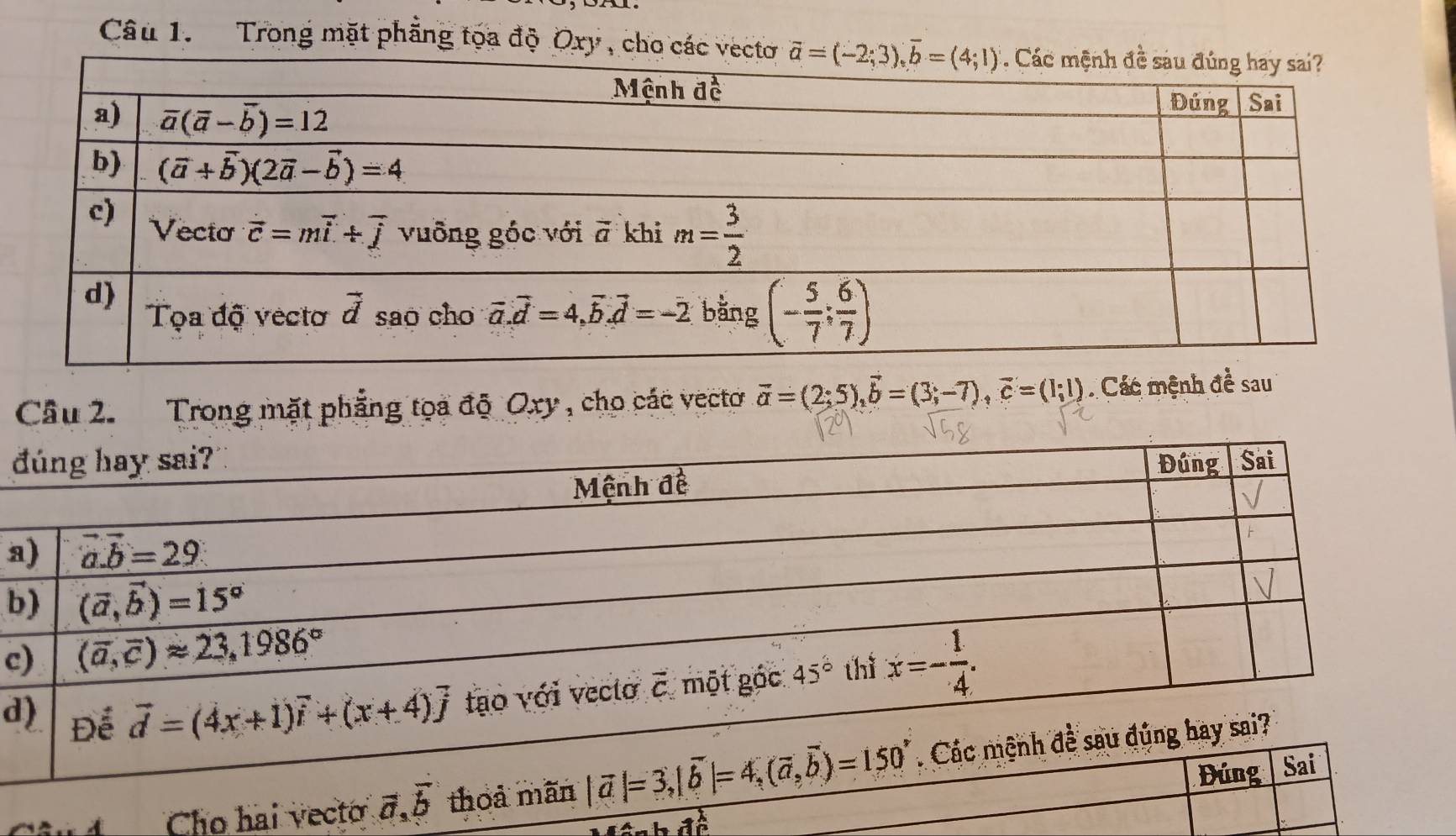 Trong mặt phẳng tọa độ Oxy, cho các vectơ
Câu 2. Trong mặt phẳng tọa độ Oxy , cho các vectơ vector a=(2;5),vector b=(3;-7),vector c=(1;1) Các mệnh đề sau
đ
a
b
c
d
Câu 4 Cho hai