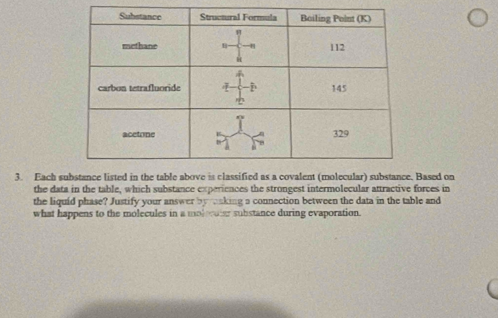 Each substance listed in the tabssified as a covalent (molecular) substance. Based on 
the data in the table, which substance experiences the strongest intermolecular attractive forces in 
the liquid phase? Justify your answer by naking a connection between the data in the table and 
what happens to the molecules in a moleruiar substance during evaporation.