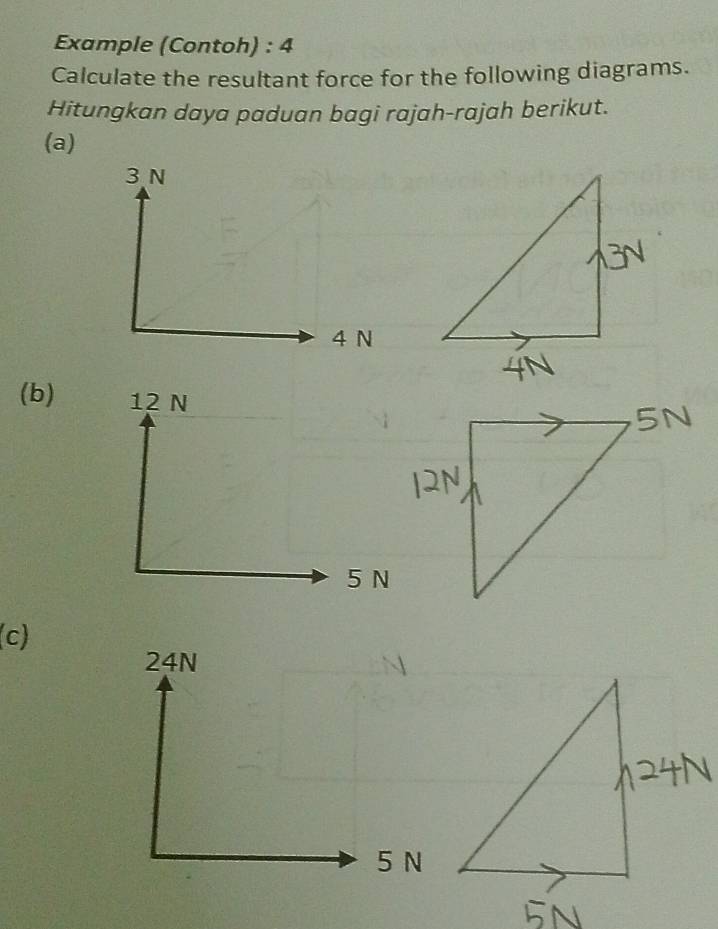 Example (Contoh) : 4 
Calculate the resultant force for the following diagrams. 
Hitungkan daya paduan bagi rajah-rajah berikut. 
(a)
N
(b)
5 N
(c)
24N
5 N