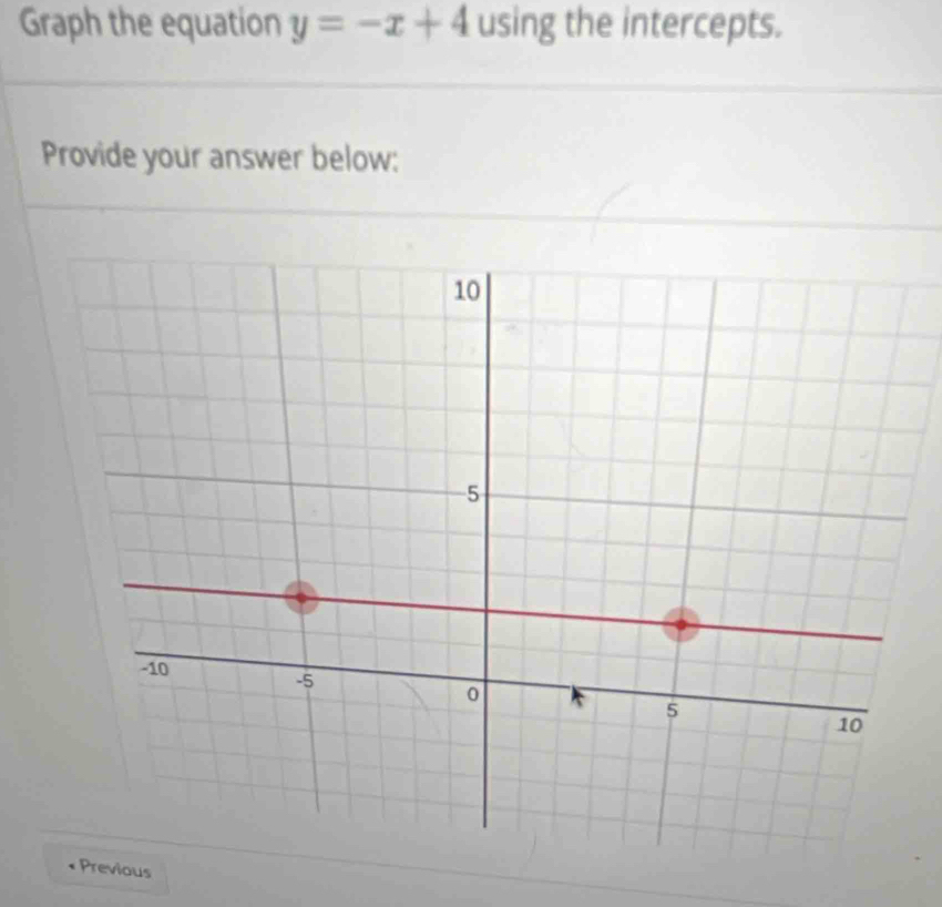 Graph the equation y=-x+4 using the intercepts. 
Provide your answer below: 
s