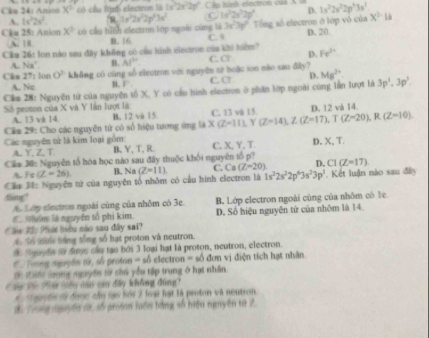 Cầm 24: Anion X^2 có cầu lìịnh electron là 1s^22s^22p^2 Cập hình electron củả X là 1s^22s^22p^53s^1
D.
A. 1s^22s^2.
Cl a 25: Anion X^2 có cầu hình electron lớp ngoài cùng là 1s^32s^22p^43s^2 C is^22s^22p^4 3s^23p° Tổng số electron ở lớp vô của X^2· 1
A. 18 B. 16 C. 9 D. 20.
Cầu 26: Ion nào sau đây không có cầu hình electron của khí hiểm?
D. Fe^(2+)
A. Na' B. AI^(30) C. CT
Cka 27: lon O^2 không có cùng số electron với nguyên từ hoặc ion nào sau đây?
D. Mg^(2+).
A. Ne B. F C. Cl
Cầa 28: Nguyên tử của nguyên tổ X, Y có cầu hình electron ở phần lớp ngoài cùng lần lượt là 3p^1,3p^3.
Số proton của X và Y lần lượt là:
A. 13 và 14 B. 12 và 15.
Cần 29: Cho các nguyên tử có số hiệu tương ứng là X(Z=11),Y(Z=14),Z(Z=17),T(Z=20),R(Z=10). C. 13 và 15. D. 12 và 14.
Các nguyên tử là kim loại gồm: D. X, T
AYZT B, Y, T, R. C. X, Y, T.
Cầc 30: Nguyên tổ hòa học nào sau đây thuộc khối nguyên tổ p? D. CI(Z=17).
A. Fs (Z=26) B. Na (Z=11). C. Ca (Z=20)
Cầu 3êc Nguyên tử của nguyên tổ nhôm có cấu hình electron là 1s^22s^22p^63s^23p^1.  Kết luận nào sau đây
dhng?
A Lớp elestron ngoài cùng của nhôm có 3e. B. Lớp electron ngoài cùng của nhôm cô le.
Cộ Nhêm là nguyên tổ phi kim. D. Số hiệu nguyên tử của nhôm là 14.
hs 22. Phát biểu não sau dây sai?
A. So ahor sang tổng số hạt proton và neutron.
de M auyen to dage cầu tạo bởi 3 loại hạt là proton, neutron, electron.
C. Trng nguyên từ, số proton = số electron = số đơn vị điện tích hạt nhân.
D K hếi lưng nguyên từ chủ yểu tập trung ở hạt nhân.
Cam Vc Phết tiểu nào sao đây không đùng?
S guodi oừ được cần m6 bối 2 loại hạt là proton và neutron.
d Tong nguyên lử, số protn luồn bằng số hiệu nguyên tử 2