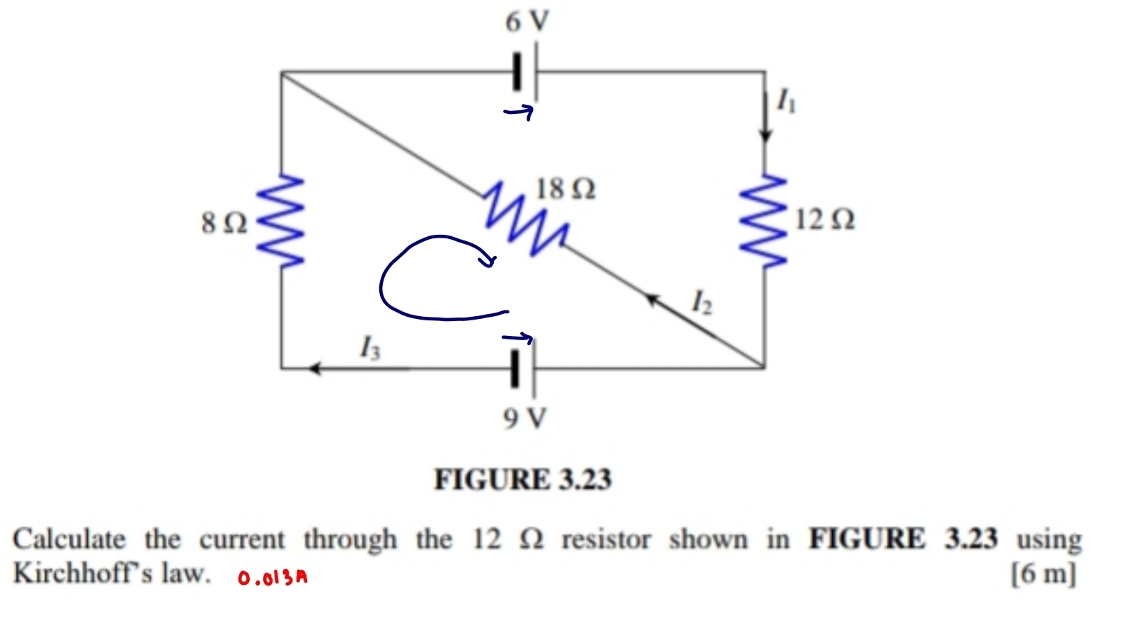 FIGURE 3.23
Calculate the current through the 12 Ω resistor shown in FIGURE 3.23 using
Kirchhoff's law. 0.0 [6 m]