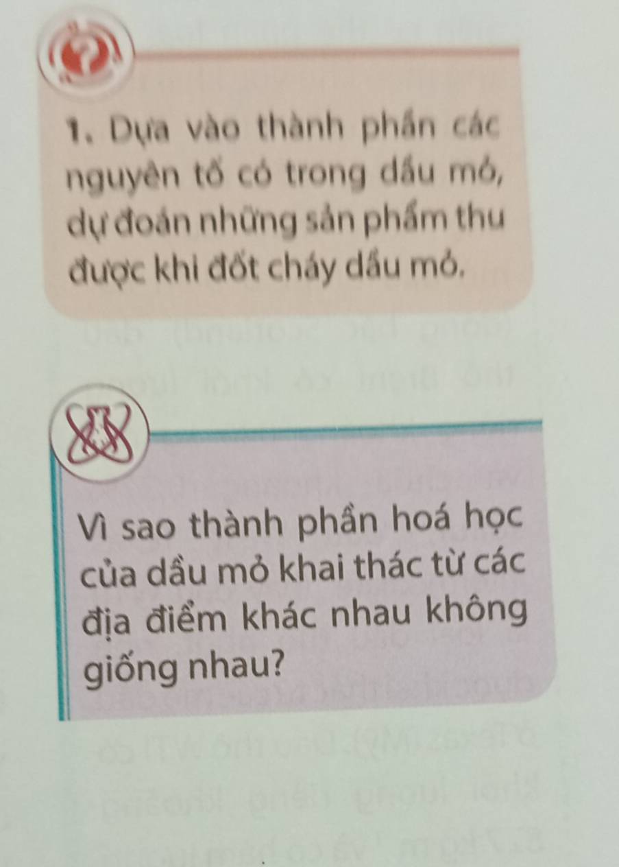 Dựa vào thành phần các 
nguyên tố có trong dầu mỏ, 
dự đoán những sản phẩm thu 
được khi đốt cháy dầu mỏ. 
Vì sao thành phần hoá học 
của dầu mỏ khai thác từ các 
địa điểm khác nhau không 
giống nhau?