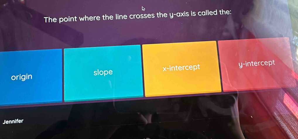 The point where the line crosses the y-axis is called the:
origin slope x-intercept y-intercept
Jennifer