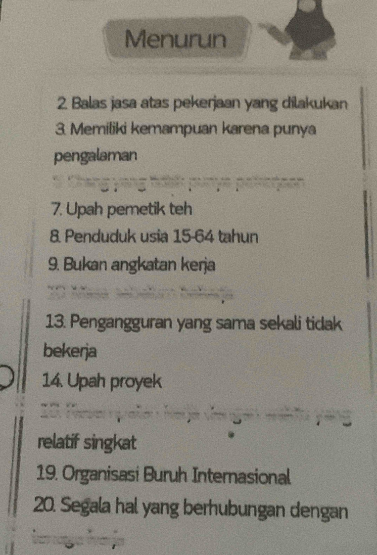 Menurun 
2. Balas jasa atas pekerjaan yang dilakukan 
3. Memiliki kemampuan karena punya 
pengalaman 
7. Upah pemetik teh 
8. Penduduk usia 15 - 64 tahun 
9. Bukan angkatan kerja 
13. Pengangguran yang sama sekali tidak 
bekerja 
14. Upah proyek 
relatif singkat 
19. Organisasi Buruh Internasional 
20. Segala hal yang berhubungan dengan