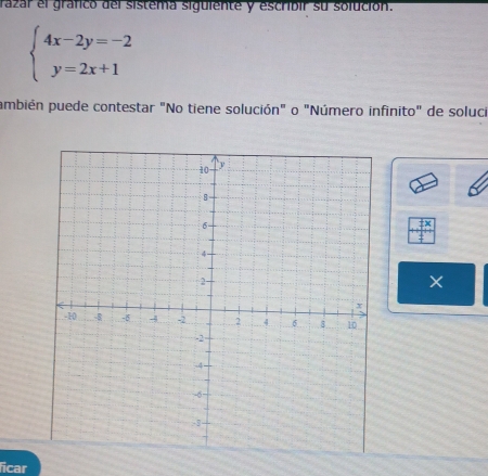 razar el gráfico del sistema siguiente y escribir su solución.
beginarrayl 4x-2y=-2 y=2x+1endarray.
pambién puede contestar "No tiene solución" o "Número infinito" de soluci
overline _ fx
× 
ficar