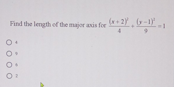 Find the length of the major axis for frac (x+2)^24+frac (y-1)^29=1
4
9
6
2