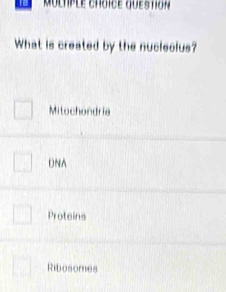 What is created by the nuclecius?
Mitochondria
DNA
Proteins
Ribosomes